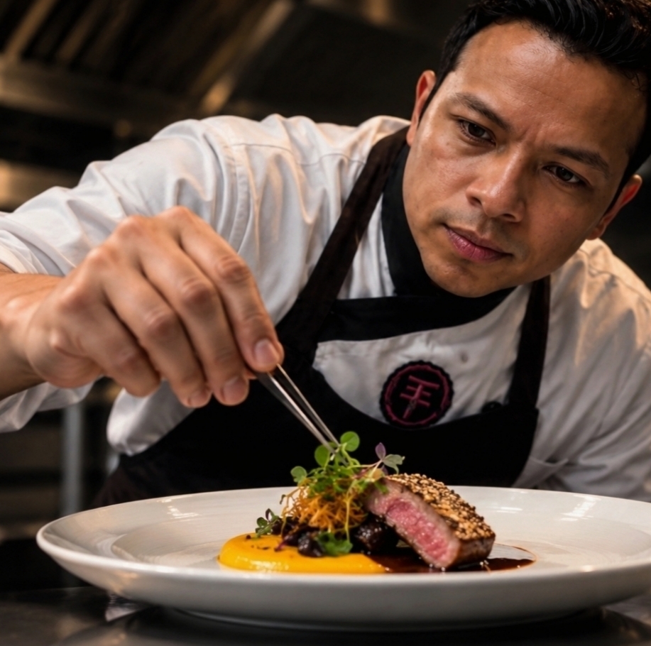 Henry Díaz finalizando un plato